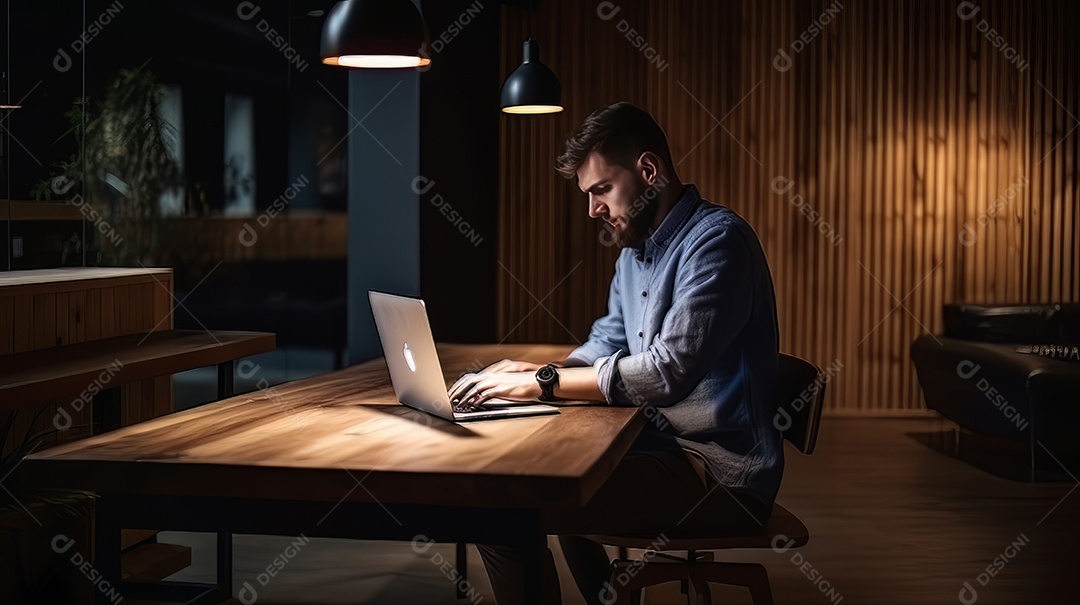 Desenvolvedor de site trabalhando usando laptop no escritório em madeira.