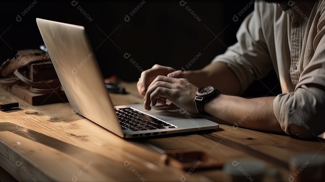 Desenvolvedor de site trabalhando usando laptop no escritório em madeira.