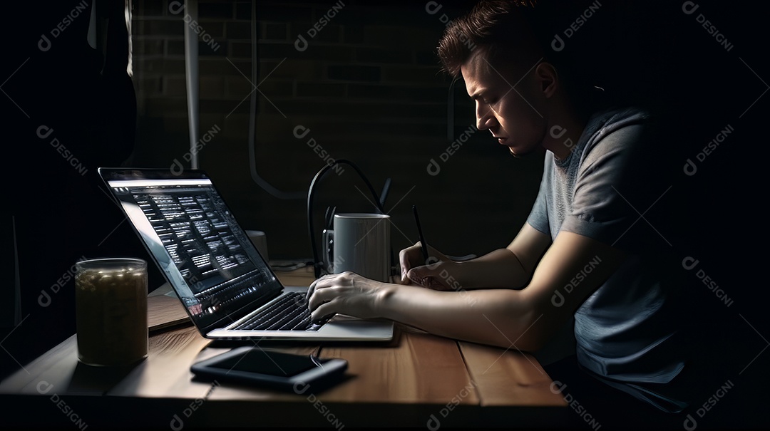 Desenvolvedor de site trabalhando usando laptop no escritório em madeira.