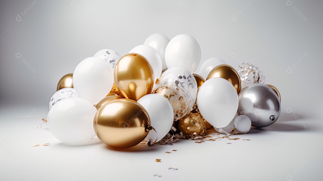 Balão branco e dourado sobre fundo branco.