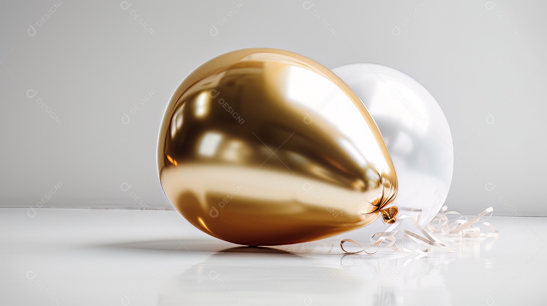 Balão branco e dourado sobre fundo branco.