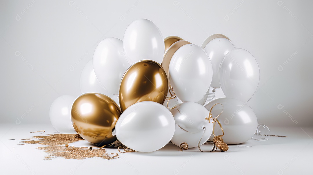 Balão branco e dourado sobre fundo branco.