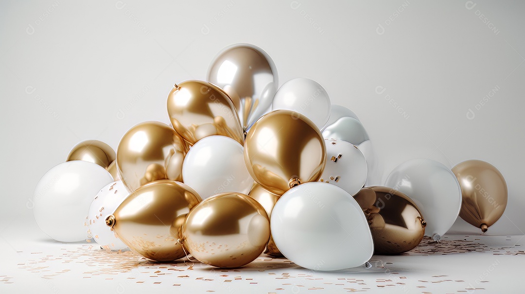 Balão branco e dourado sobre fundo branco.