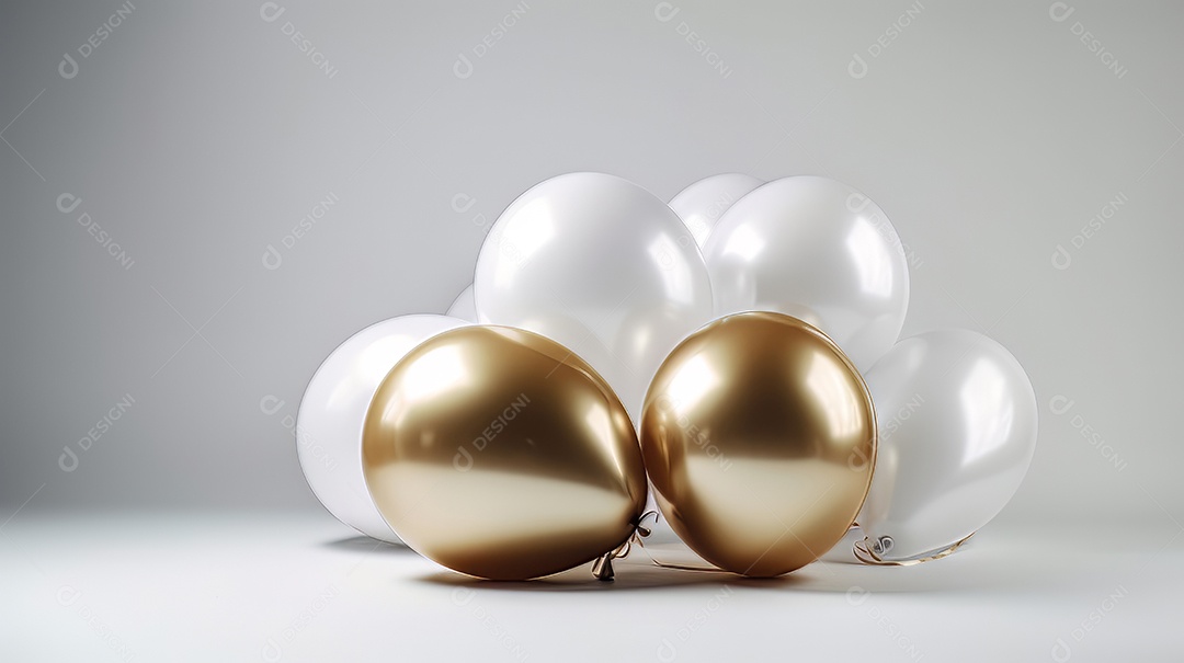 Balão branco e dourado sobre fundo branco.