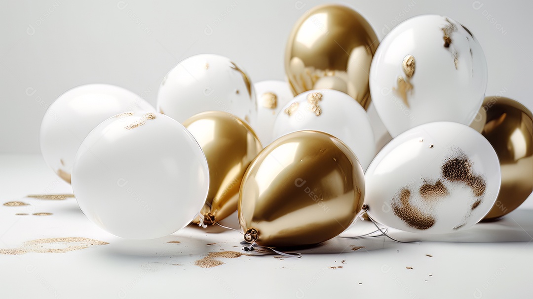 Balão branco e dourado sobre fundo branco.