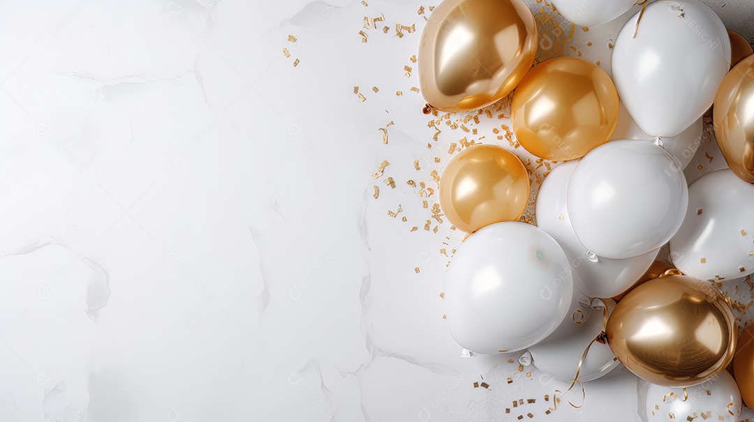 Balão branco e dourado sobre fundo branco.