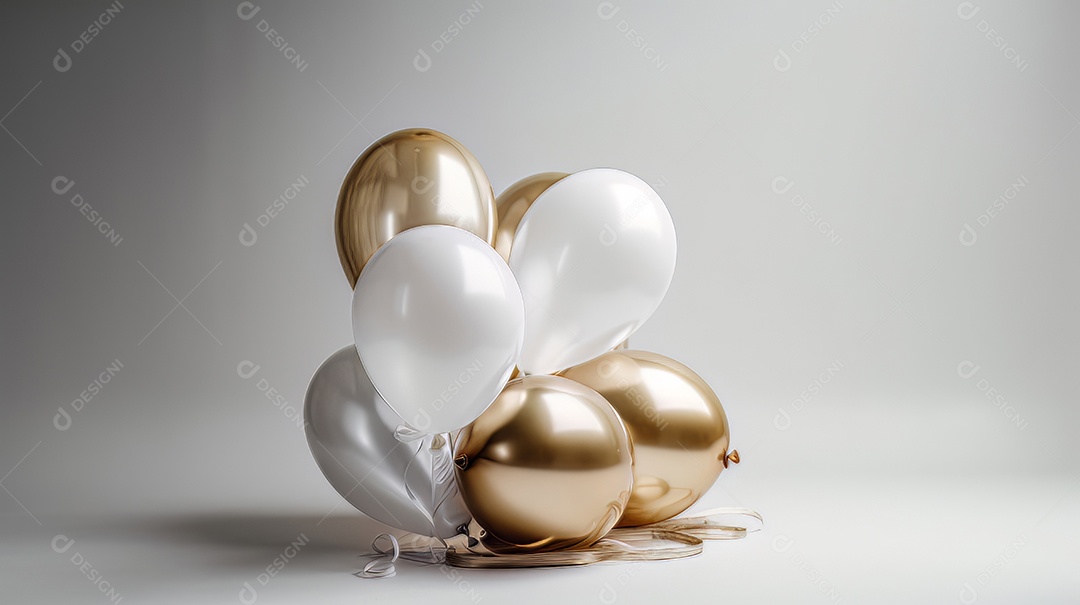 Balão branco e dourado sobre fundo branco.