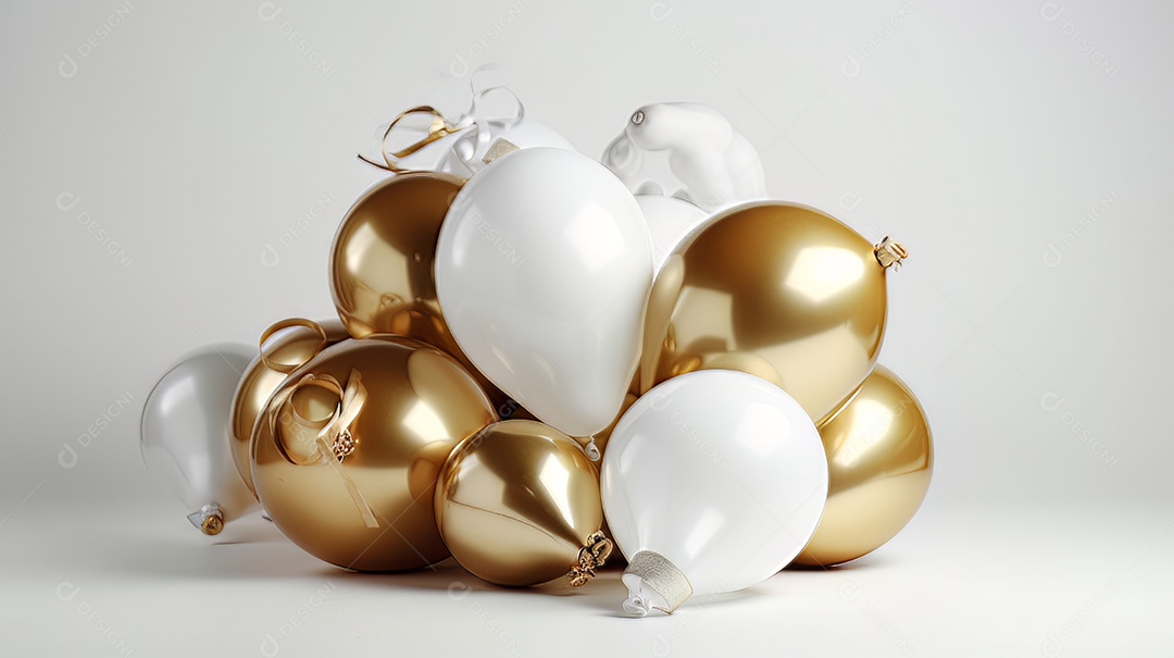 Balão branco e dourado sobre fundo branco.