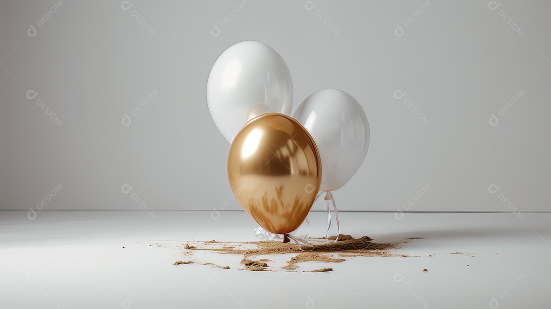 Balão branco e dourado sobre fundo branco.