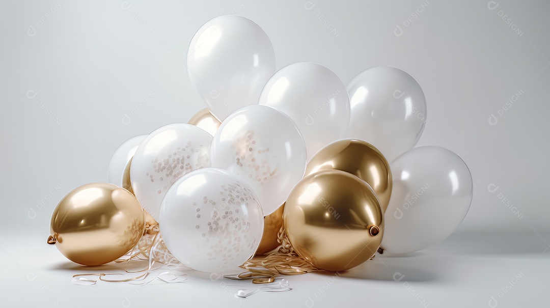 Balão branco e dourado sobre fundo branco.