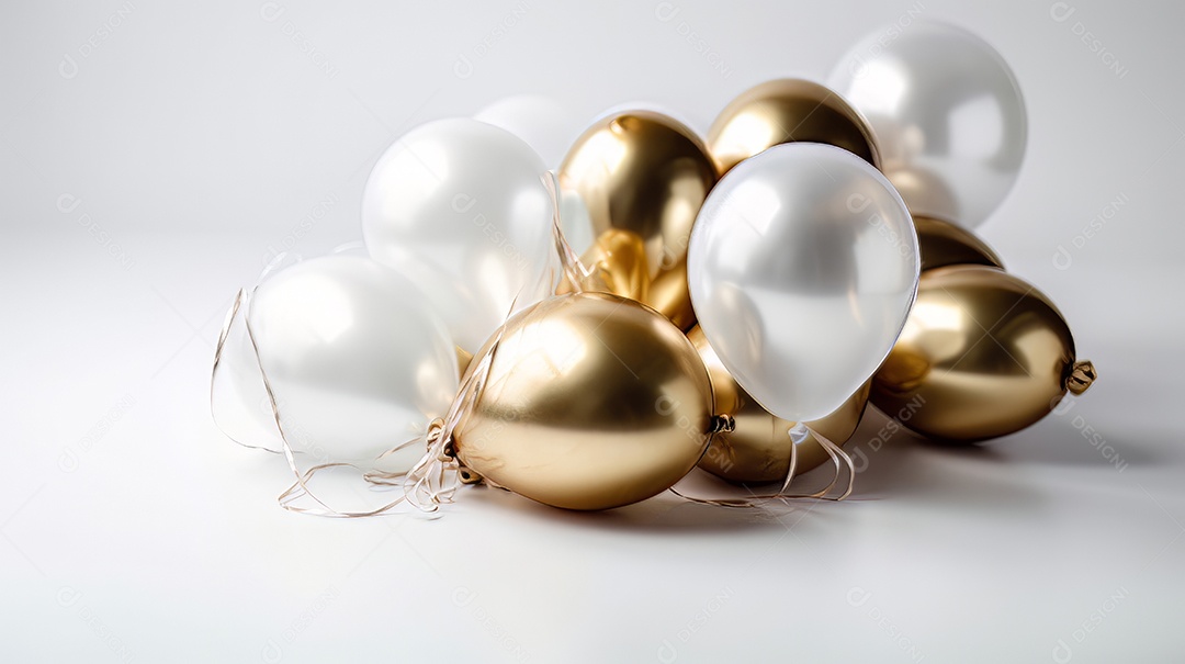 Balão branco e dourado sobre fundo branco.