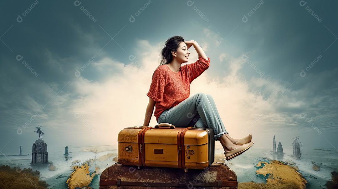 Mulher está sentada em cima de uma mala.