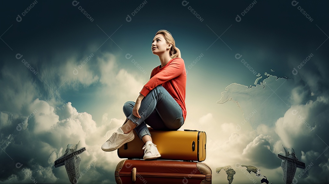 Mulher está sentada em cima de uma mala.