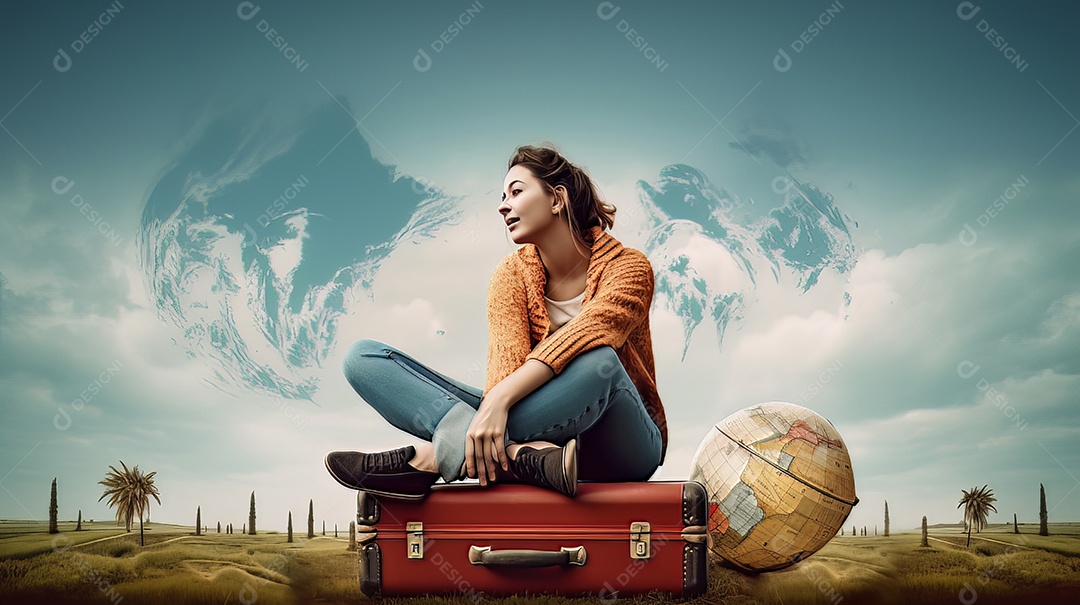 Mulher está sentada em cima de uma mala.