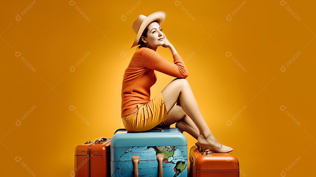 Mulher está sentada em cima de uma mala.