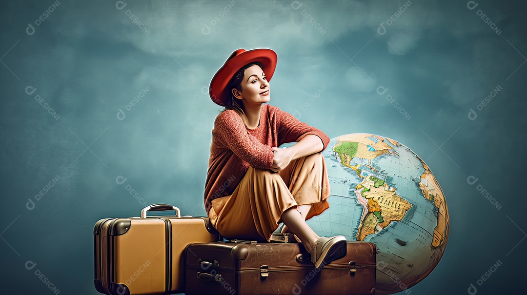 Mulher está sentada em cima de uma mala.