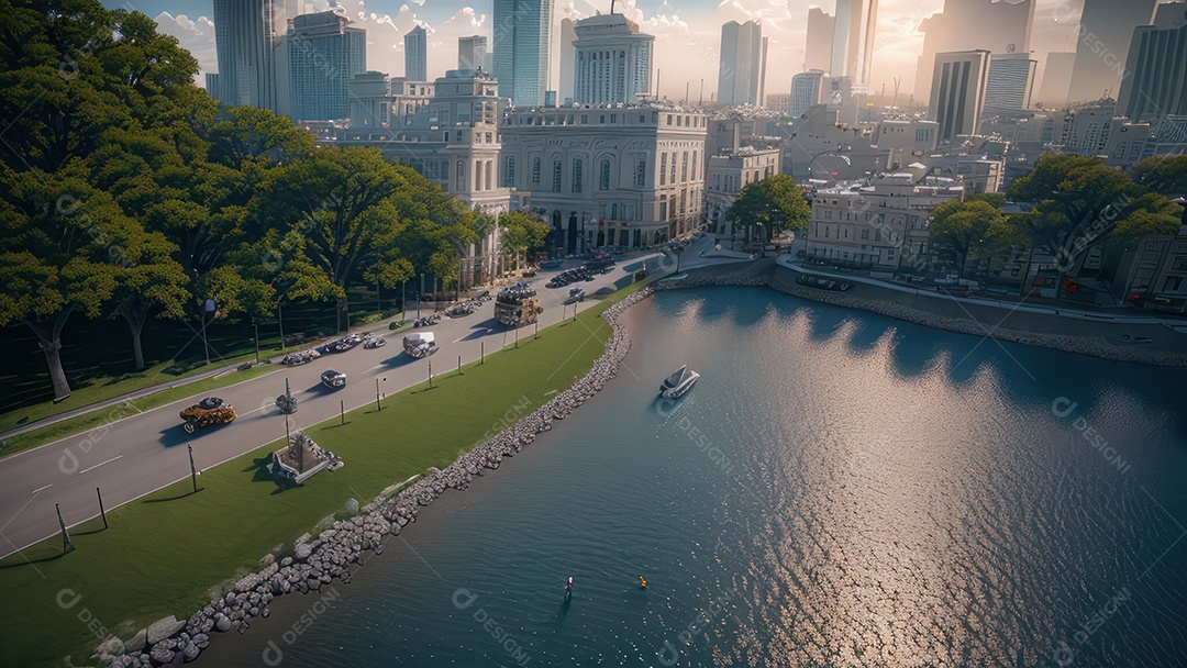 Linda imagem realista vista aérea de uma cidade.