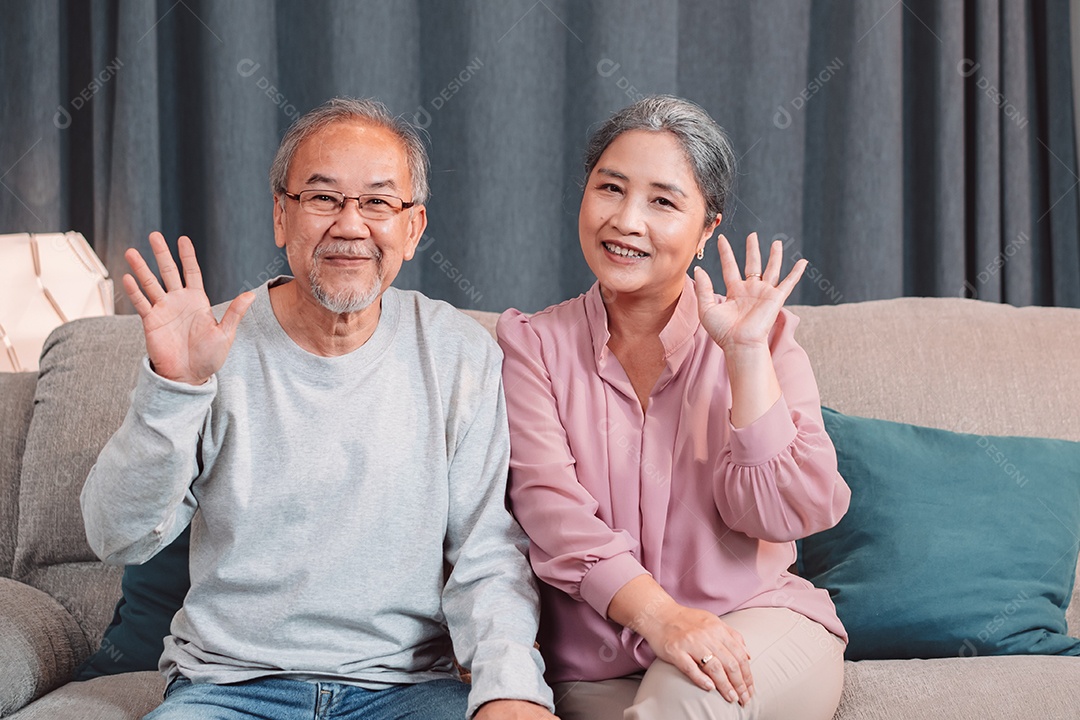 Idosos em conferência de videochamada falando no laptop sorrindo com a câmera da webcam.