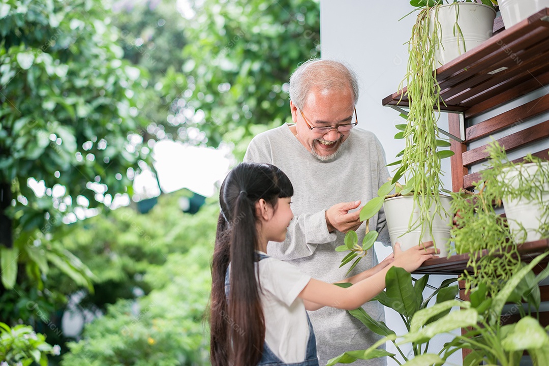Feliz avô asiático com neta cuidando das plantas juntas no quintal do jardim de casa perto da sala de estar.