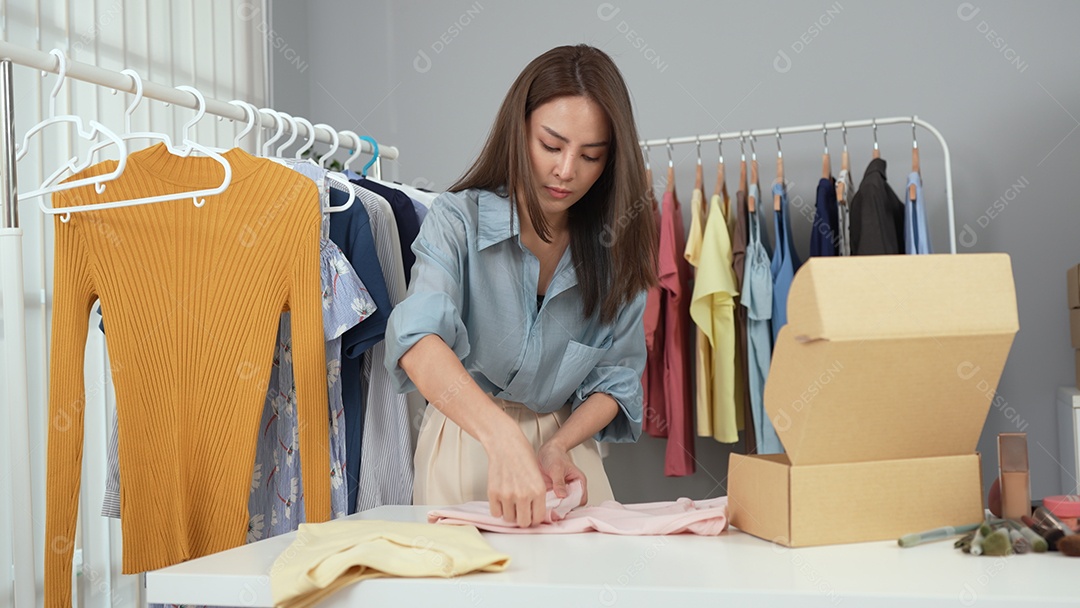 Proprietária jovem asiática de site de compras on-line