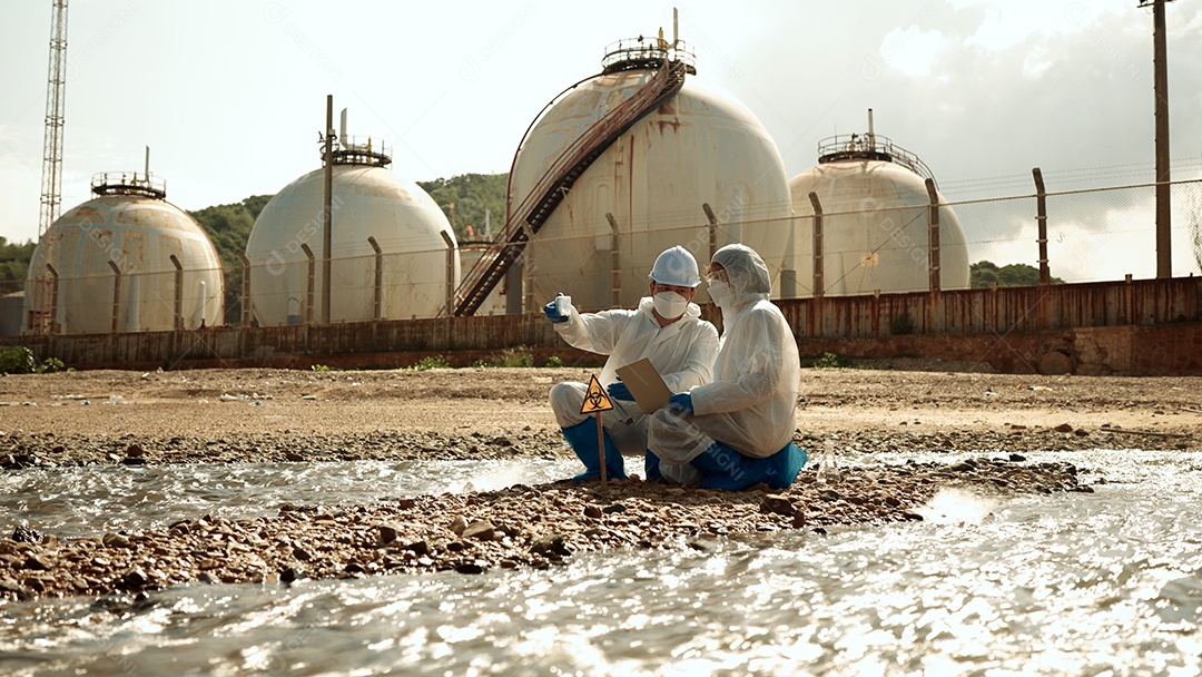 Os ecologistas amostram água contaminada com toxinas perigosas