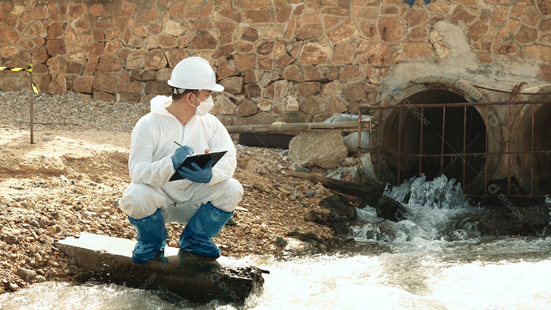 Os ecologistas amostram água contaminada com toxinas perigosas