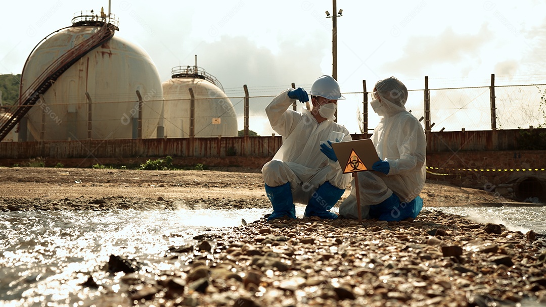 Os ecologistas amostram água contaminada com toxinas perigosas