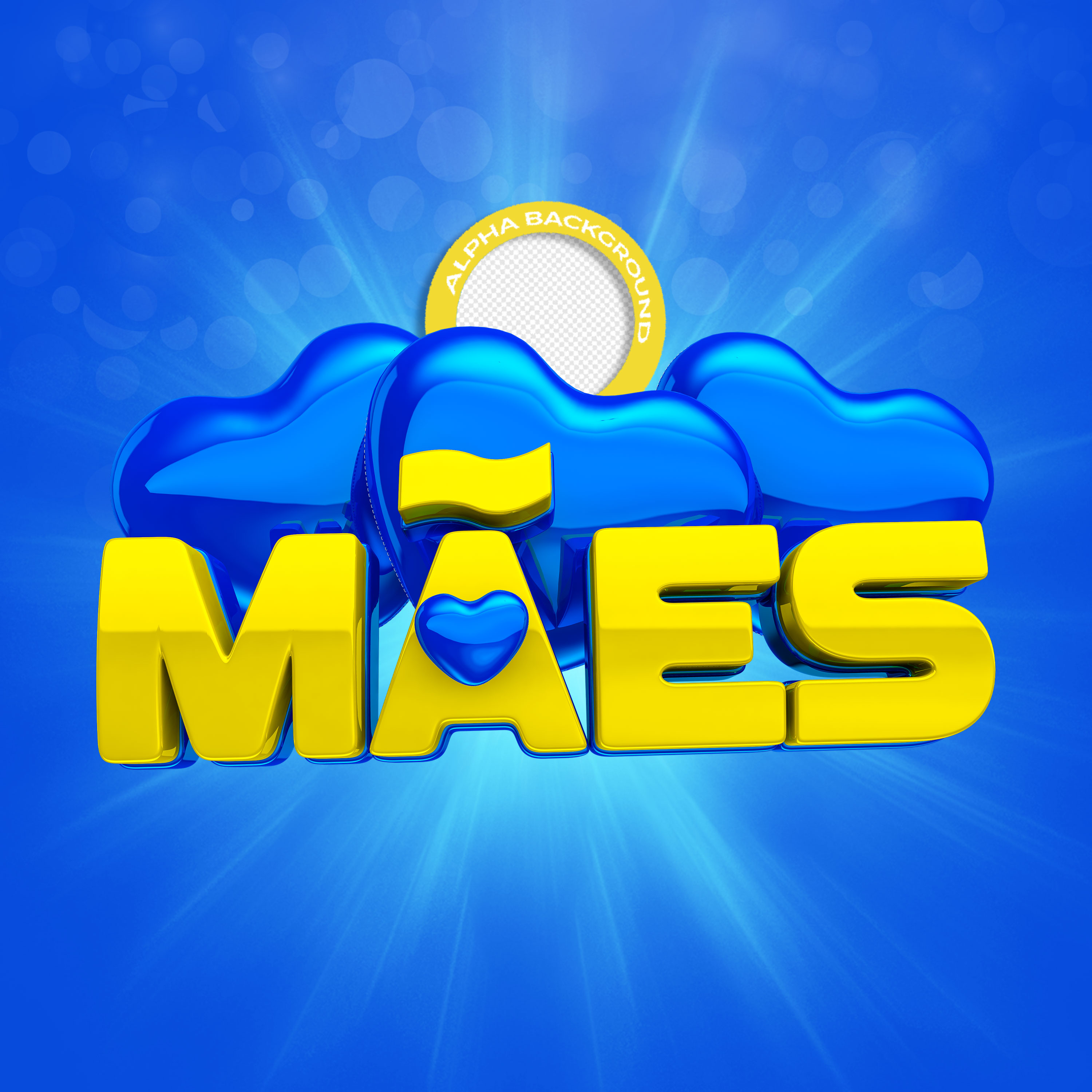 Selo 3D Coração Azul Mães Para Composição PSD