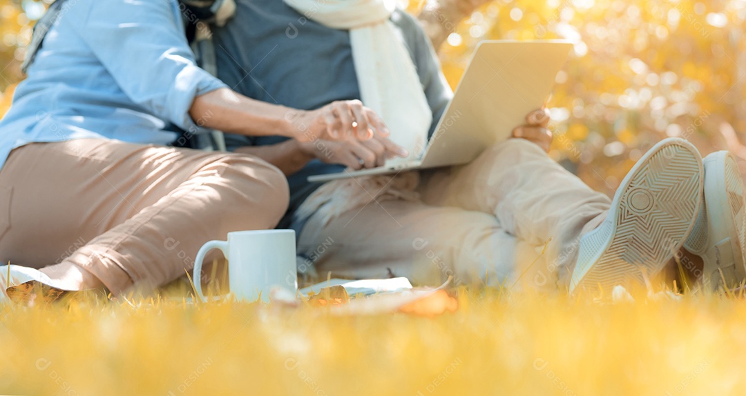 Casal asiático sênior idoso relaxando no parque