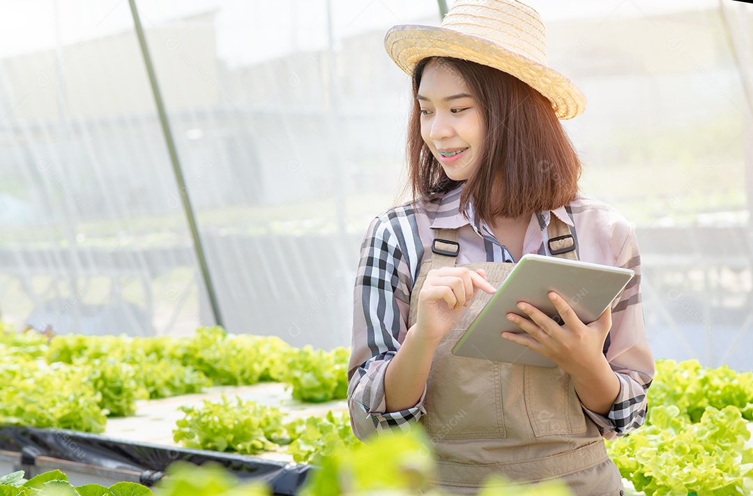 Bela jovem agricultora pesquisando hidroponia, vegetais orgânicos com sistema de tecnologia