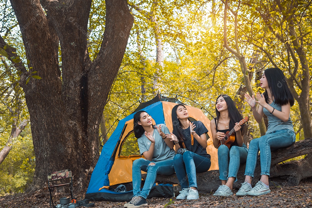 Grupo de amigos de jovens mulheres asiáticas na barraca de acampamento