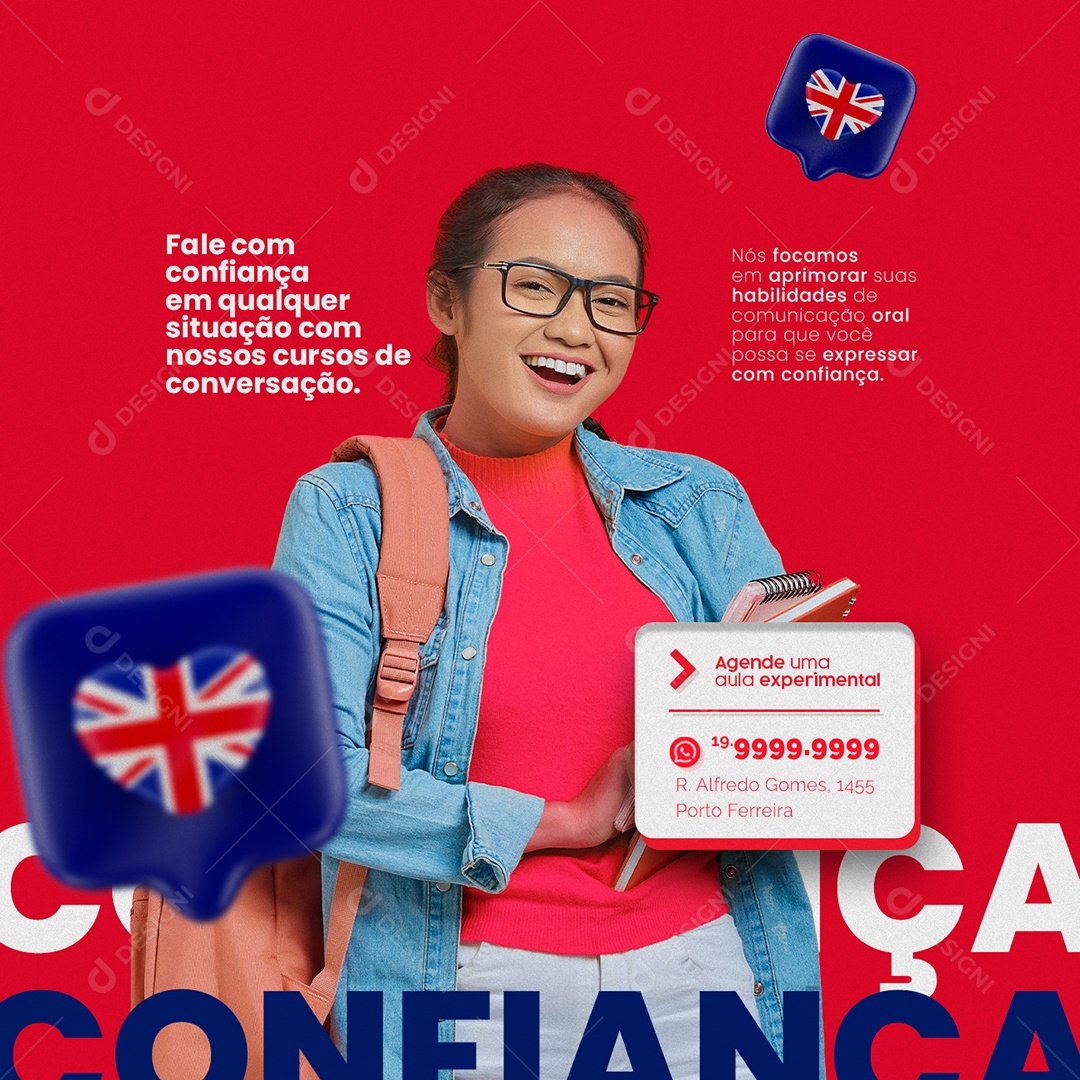 Fale Com Confiança Em Qualquer Situação Escola De Idiomas Social Media PSD Editável