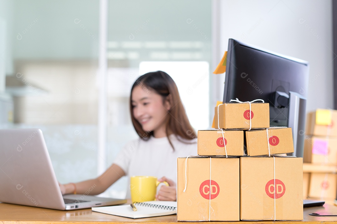 Jovem asiática freelancer pequena empresa privada trabalhando em escritório doméstico com laptop