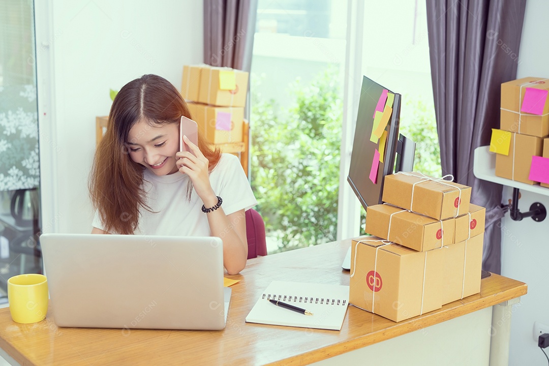 Jovem asiática freelancer pequena empresa privada trabalhando em escritório doméstico com laptop