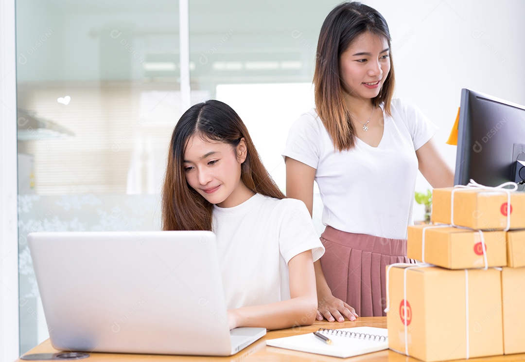 Jovem asiática trabalhando em equipe freelancer pequena empresa privada trabalhando em escritório doméstico com laptop