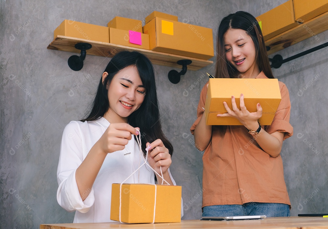 Freelancer mulheres asiáticas trabalho em equipe PME trabalhando no escritório