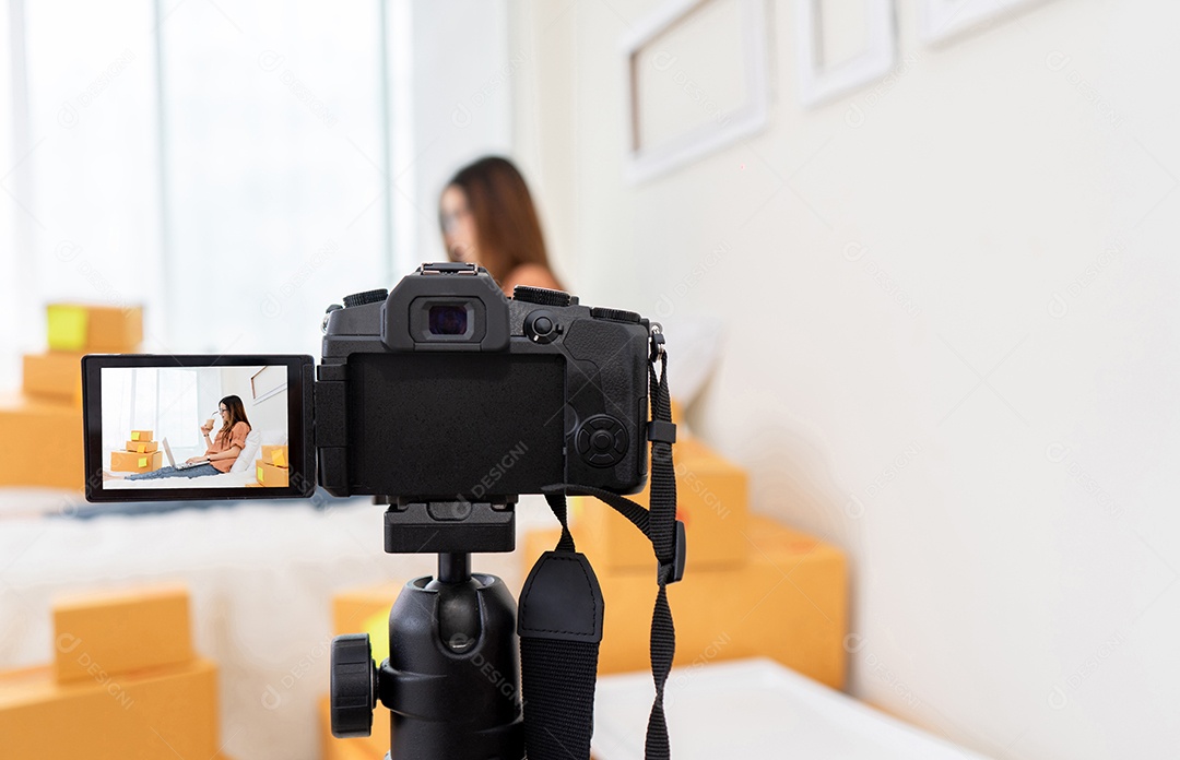 Mulher asiática freelancer e blogueira analisam produtos que trabalham em negócios de PME