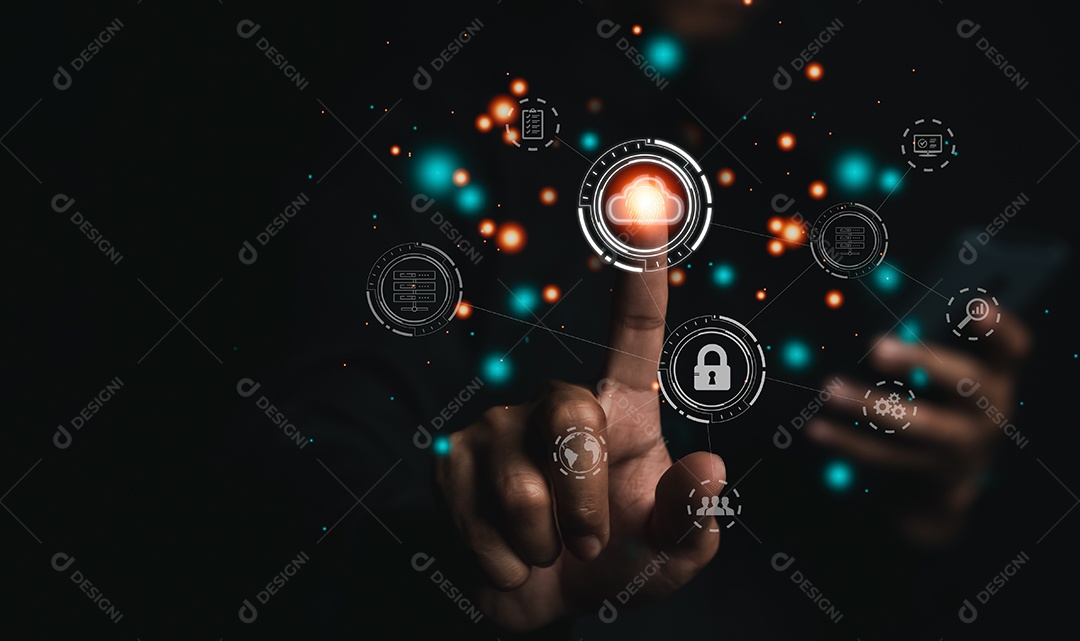 Empresário tocando computação em nuvem virtual seletiva para baixar e carregar informações