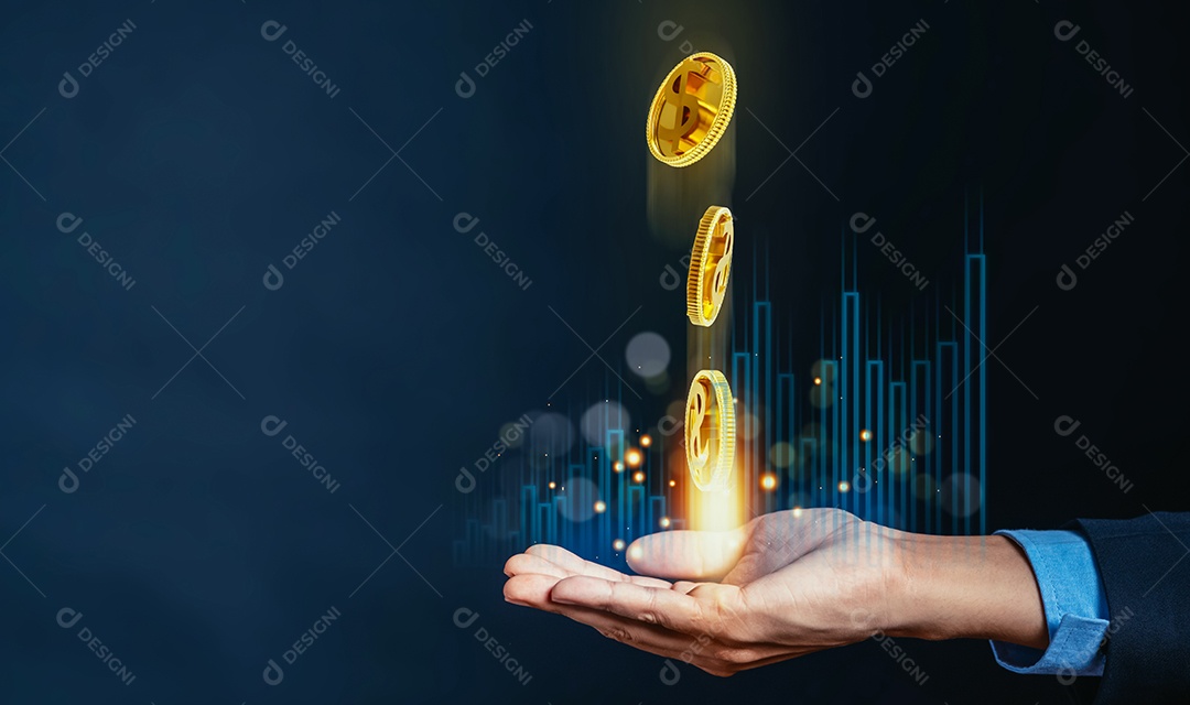 Empresário com investimento gráfico virtual com moedas caindo