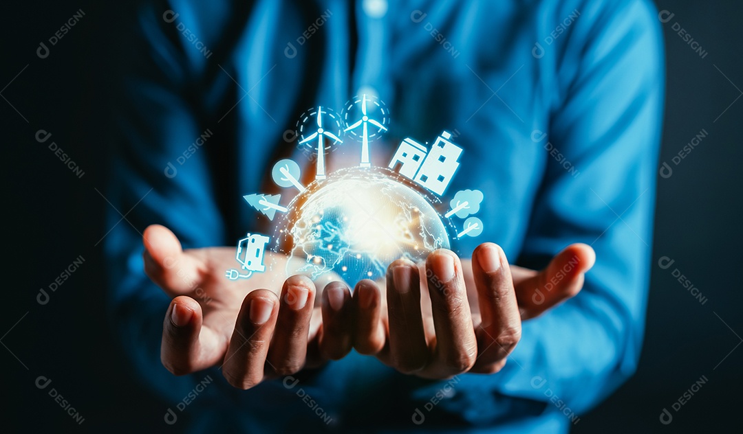 Empresário segurando o ícone de recursos de energia virtual da terra.