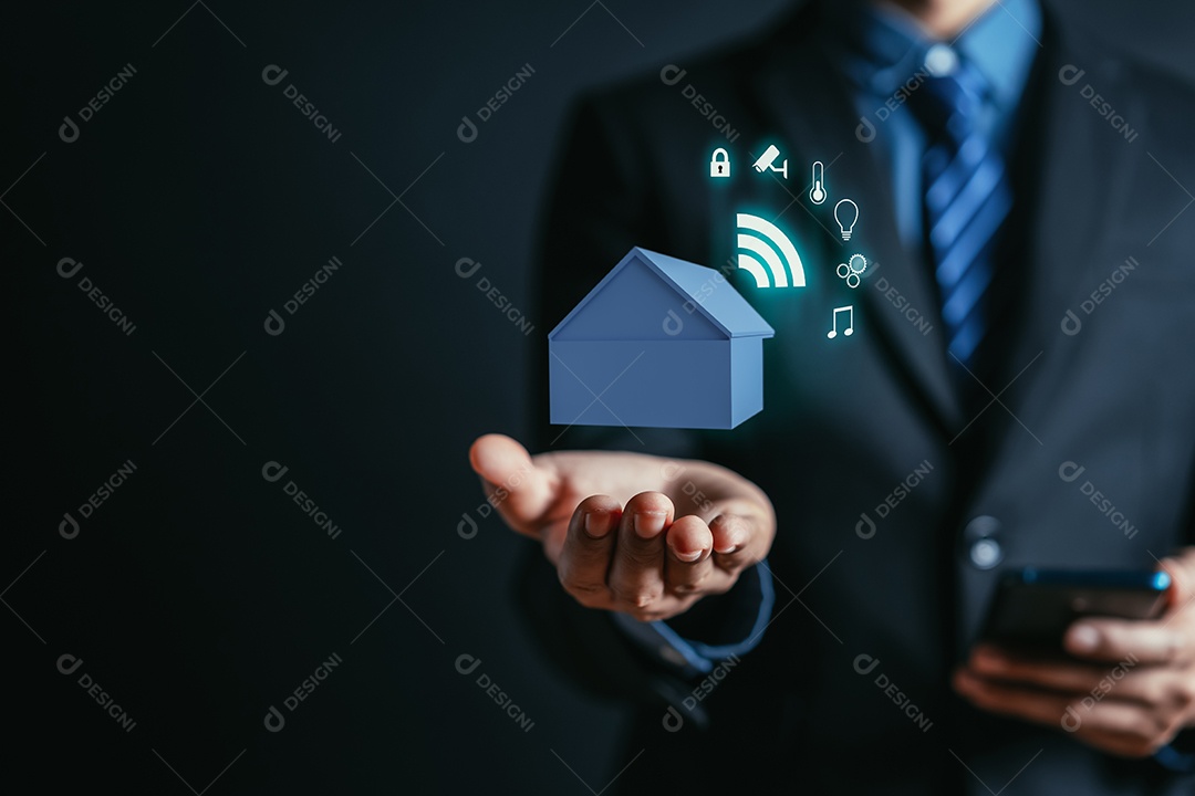 Casa inteligente com conceito de rede de internet de controle sem fio de eco-sistema de tecnologia de ícone.