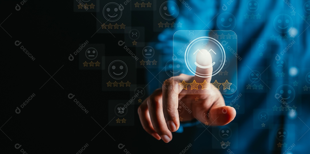 Empresário do cliente tocando e ilustração brilhante seletiva cinco estrelas emoticon dando serviço