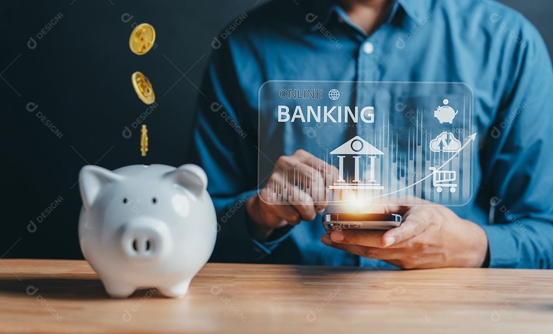 Dinheiro bancário e de poupança, homem usando aplicativo de telefone móvel para economizar dinheiro