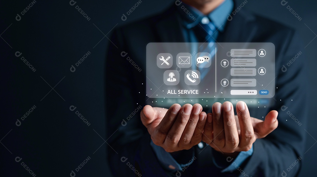 Empresário mostrando serviço de ícones de contato de interface de tela virtual e bot de bate-papo.