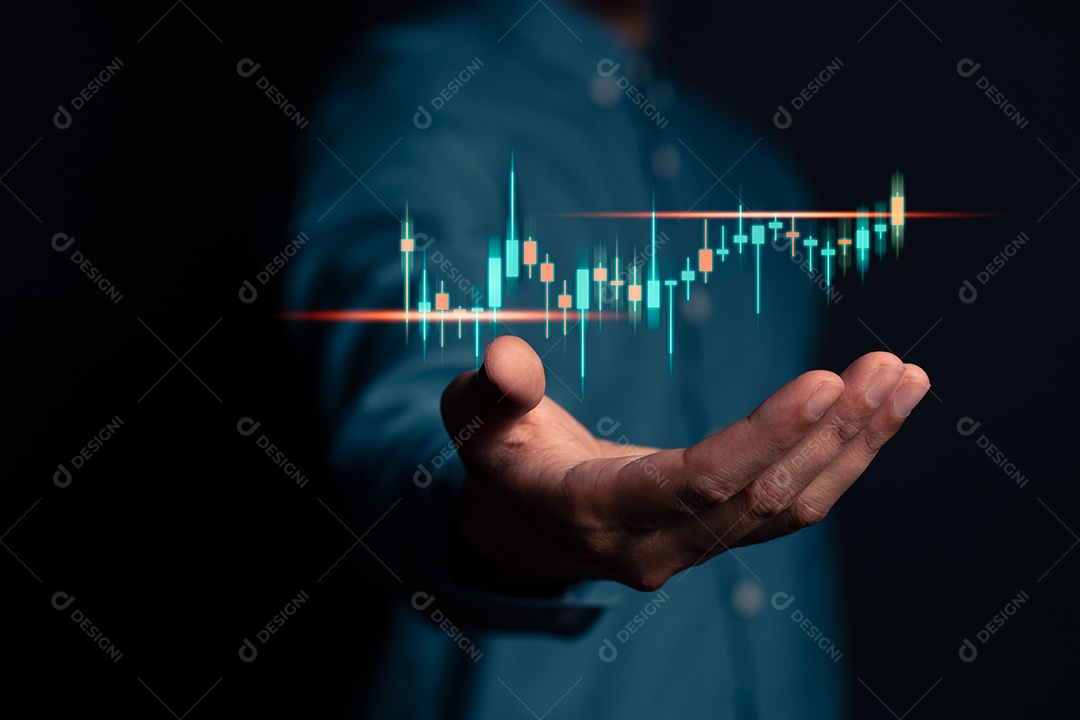 As mãos aparecem no alvo, analisam a negociação de dados de vendas e mostram uma tela virtual