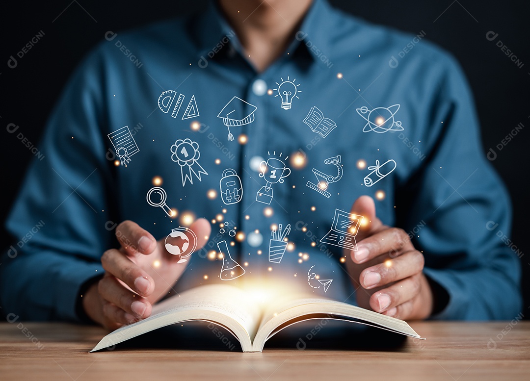 Livro de leitura de homem com ícones de educação de aprendizagem, que é um símbolo de estudo