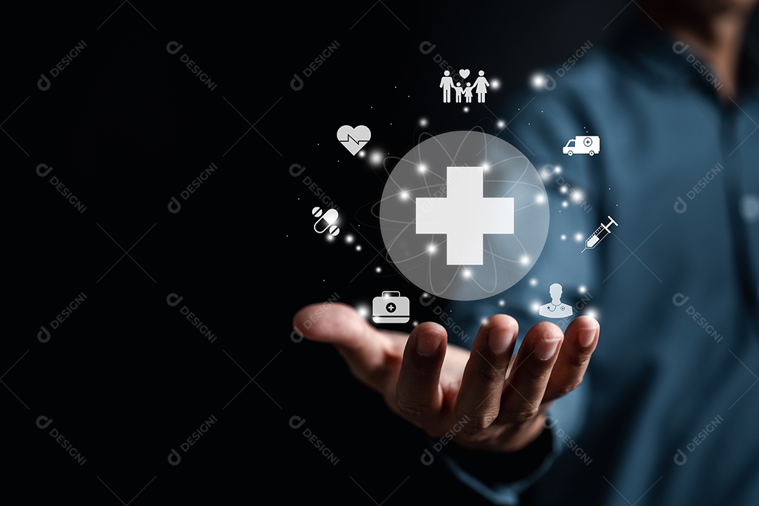 Plano de saúde. Mão de homem segurando mais e ícone médico de saúde