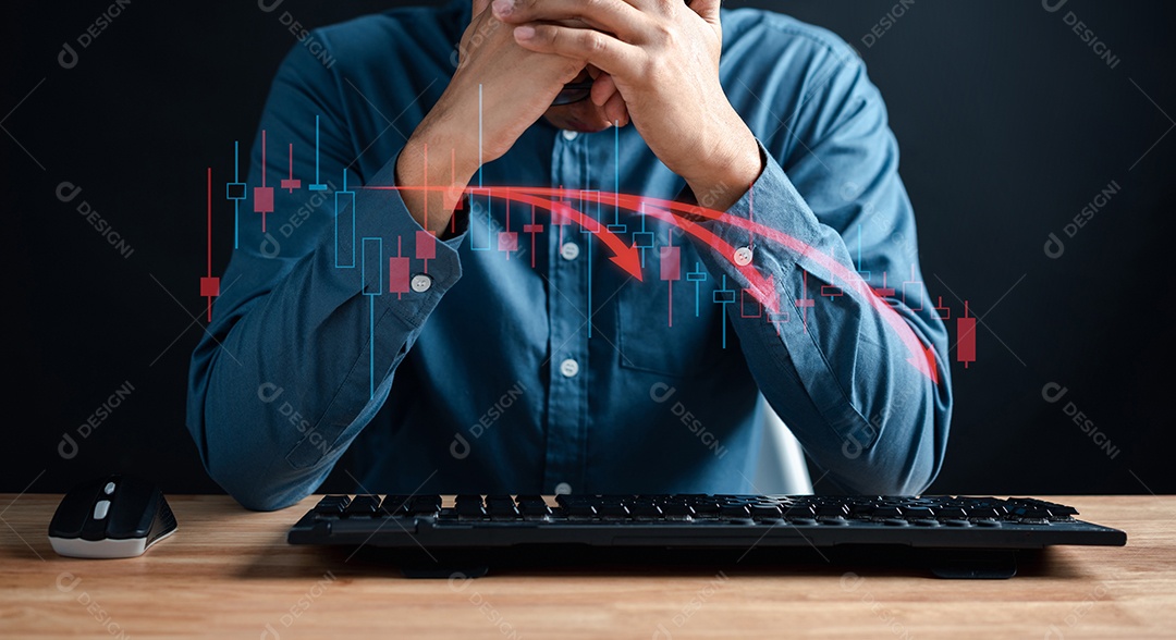 Perda de dinheiro do investidor empresário analisar gráfico de ações, gráfico de previsão e análise