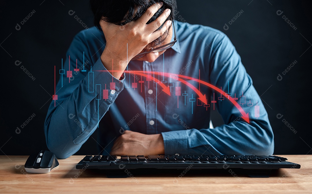 Perda de dinheiro do investidor empresário analisar gráfico de ações, gráfico de previsão e análise