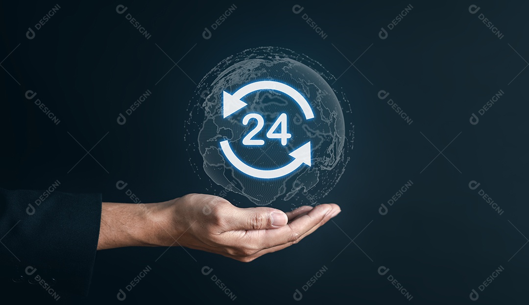 Conceito de serviço sem escalas 24 horas. mão de empresário segurando virtual 24 horas por dia